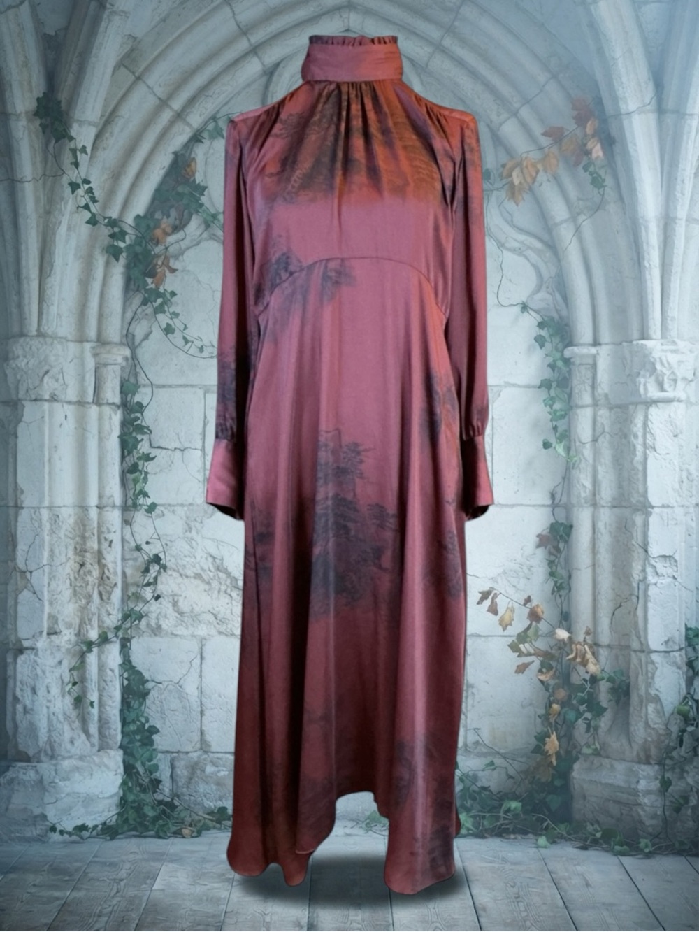 Zara Whimsigoth Dark Romantic  Toile de Jouy Landscape Mock Neck Maxi Dress L
